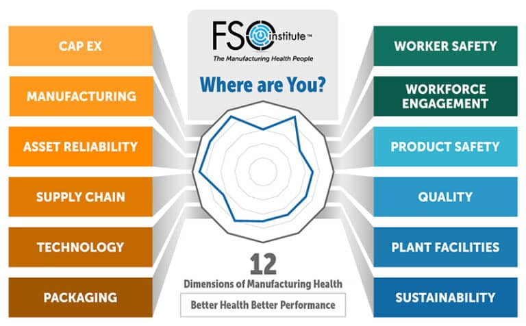 Graphic showing the 12 Dimension of Manufacturing Health