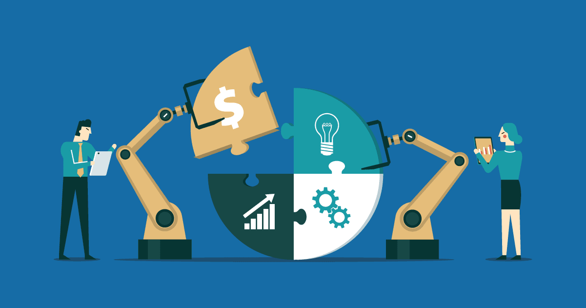 Cartoon graphic of two workers using rabot arms to assemble a giant puzzle.