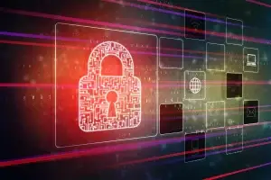 cybersecurity graphic showing a lock and code graphics