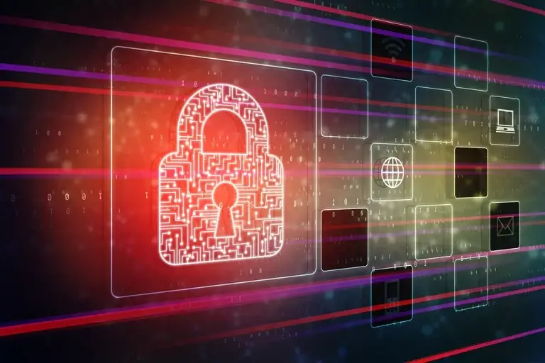 cybersecurity graphic showing a lock and code graphics